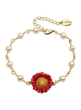 复古红色花朵珐琅天然珍珠手链