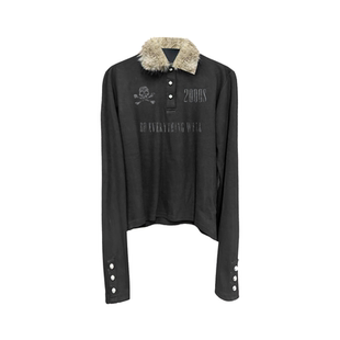 DETW 25AW*原创小众毛领拼接设计感修身短款长袖Polo衫上衣男女