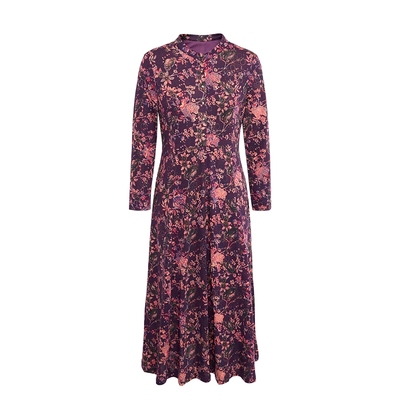 马天奴紫色印花长袖收腰连衣裙
