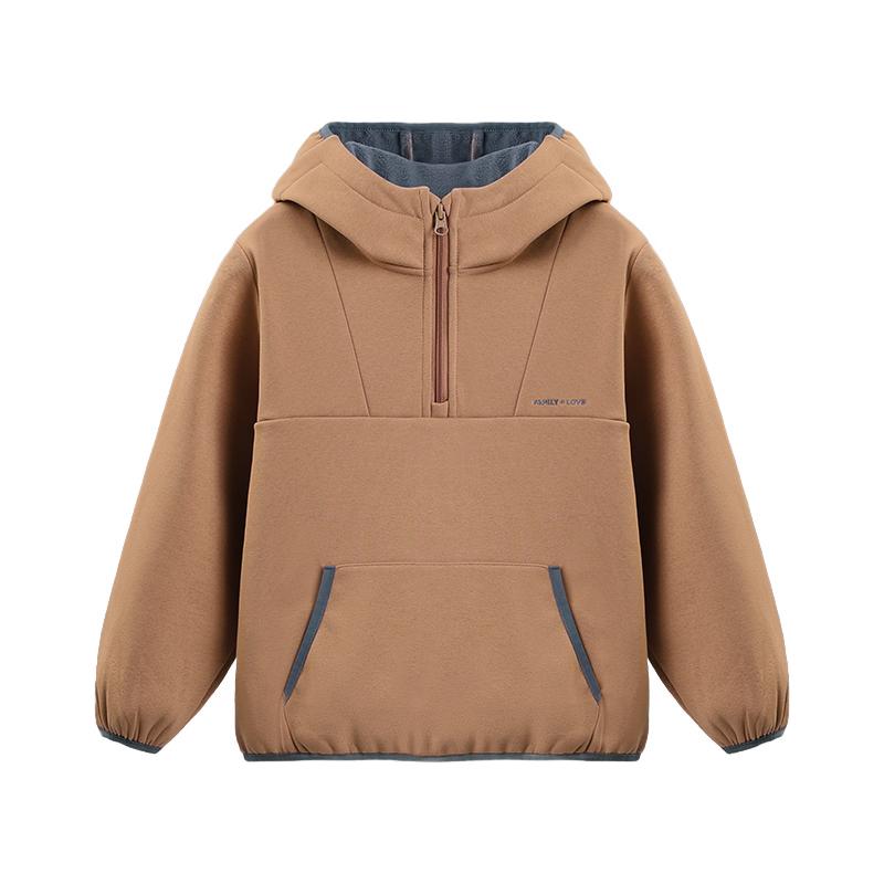EBAER儿童加绒卫衣25秋冬季新款男童半开襟连帽上衣女童保暖外套