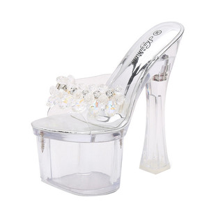 18CM超高跟鞋粗跟凉鞋防水台厚底透明水晶鱼嘴拖鞋恨天高夜店女鞋