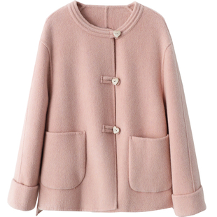 2025秋冬新款短侧开叉国风新中式圆领双面呢羊绒大衣小个子外套