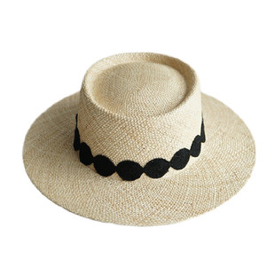 欧美蕾丝贴片麦秆ins网红同款平顶草帽时尚防晒度假遮阳沙滩帽子