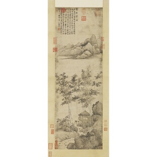 王蒙修竹远山图复古书画水墨国画真迹微喷仿古装裱挂轴客厅装饰画