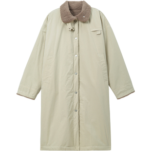 无谓韩式文艺2025冬新款女装撞色仿羊羔毛领棉袄中长款棉服外套女