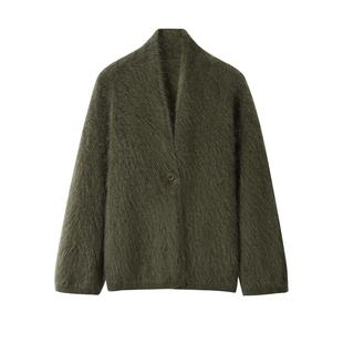 拉绒系列~100山羊绒针织开衫女V领一粒扣柔软慵懒风加厚外套