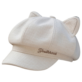 甜美可爱立体猫耳八角帽子女秋冬季纯色百搭显脸小弯檐贝雷画家帽