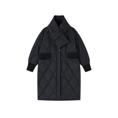 飞鸟和新酒长款羽绒服女菱格2024冬季新款防风保暖黑色白鸭绒外套