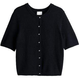 HM女装毛针织衫春季修身罗纹圆领针织短袖开衫1247671