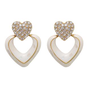 有点蓝|双倍心动。法式复古碎贝奶白滴釉爱心锆石耳环蚊香盘耳夹