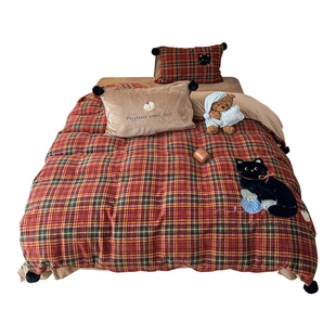 可爱小黑猫贴布绣绵羊绒加厚牛奶绒四件套珊瑚绒双面保暖被套床品