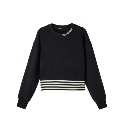 U/TI黑色纯棉条纹拼撞卫衣女装百搭毛圈休闲上衣尤缇2025春季新款