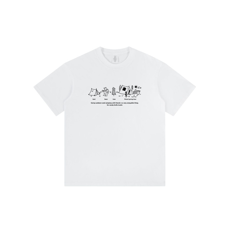 趣味卡通露营印花日系复古潮流宽松T恤男女上衣学生tee纯棉短袖
