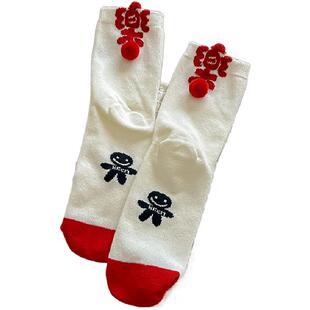 【4双】秋冬季纯棉红色喜庆本命年喜乐系列包好看新年袜