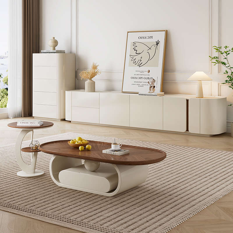 纯实木落地电视柜茶几组合现代简约小户型客厅奶油风岩板电视柜新