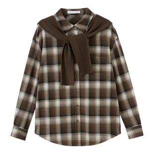水云间咖色格子衬衫女长袖衬衣宽松内搭叠穿上衣复古披肩帽子2025