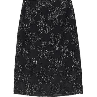Vero Moda半身裙女26春季拉链质感时髦直筒黑色树叶亮片裙含内衬