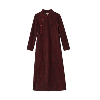 【闪购价】生姜原创秋季中式立领绵羊毛酒红色长款大衣11111523A