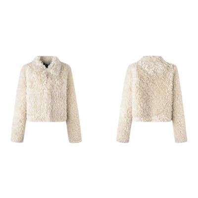 ourhour浅杏色小翻领毛绒短外套