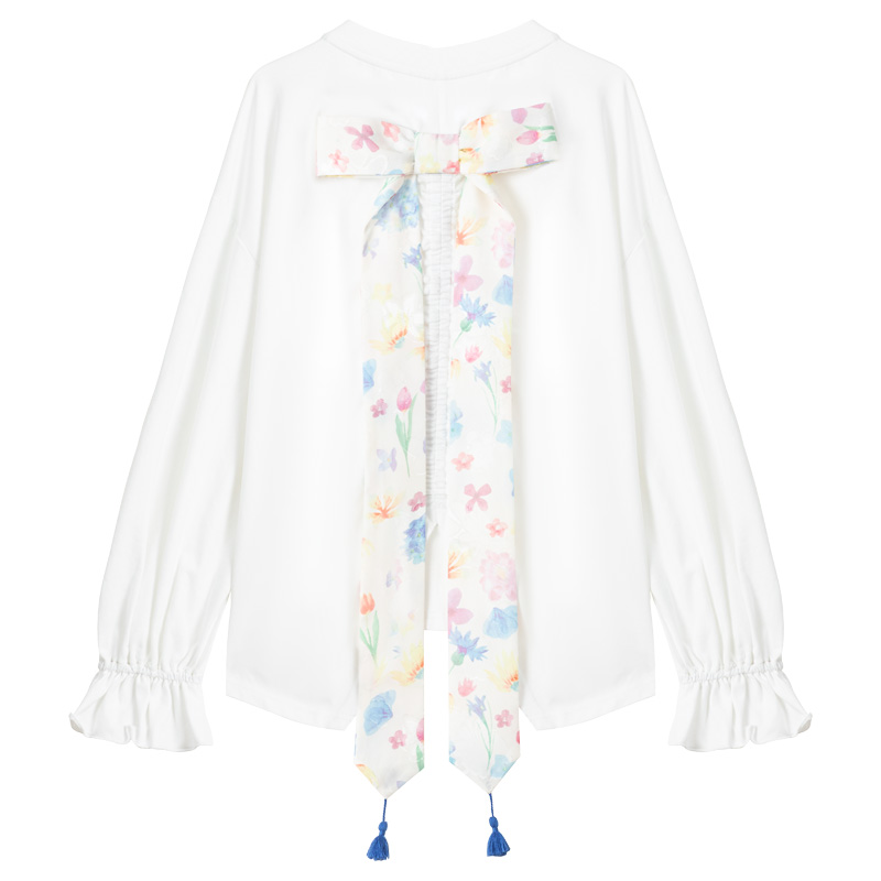 KEIKO 蝴蝶结飘带长袖T恤女25秋季漂亮碎花拼接前短后长宽松上衣