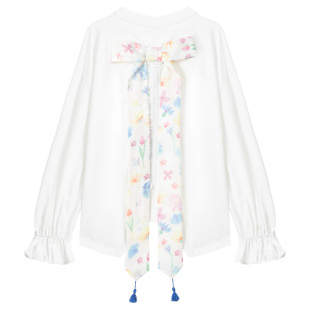 KEIKO 蝴蝶结飘带短袖T恤女26春夏漂亮碎花拼接前短后长宽松上衣