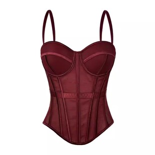 欧美纯色时尚鱼骨胸衣收腰显瘦网纱吊带背心带胸垫外穿鱼骨上衣