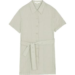 素然WHM夏季女士复古桑蚕丝水洗塔夫绸系腰修身中长款短袖衬衫