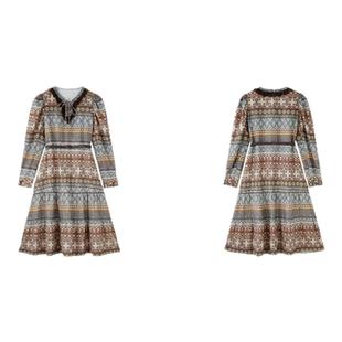 PIT复古风拼接碎花收腰连衣裙女2025秋冬装新款通勤气质长袖裙子