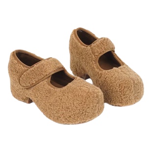 秋冬新款内增高厚底圆头玛丽珍鞋绒面魔术贴加绒保暖面包屑勃肯鞋