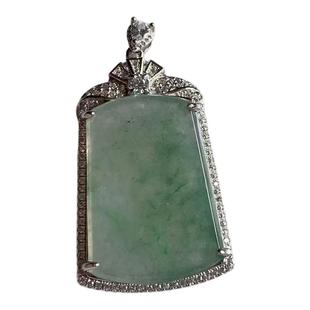 缅甸天然A货翡翠吊坠绿色飘花冰无事牌29/18.7/2mmS925银锆石镶嵌