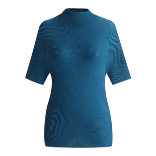 马天奴夏季新款藏青色立领肌理感短袖上衣短款百搭气质弹力时尚女