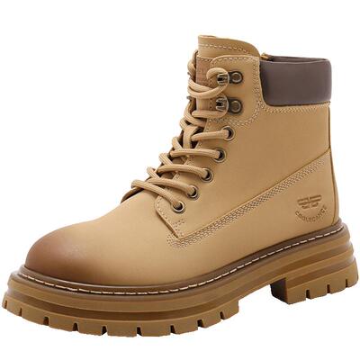 百丽女靴子厚底马丁靴工装靴冬新款保暖加绒大黄靴短靴B9R1DDD4