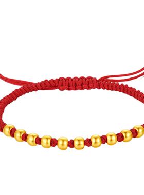 千年珠宝 999足金手链黄金珠子红绳手链3d硬金路路通转运珠散珠