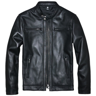 头层绵羊真皮皮衣男修身短款休闲简约多兜立领商务机车夹克外套八