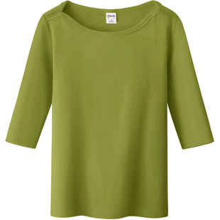 牛油果绿上衣五5分中袖t恤女纯色修身一字领露锁骨半袖内搭打底衫