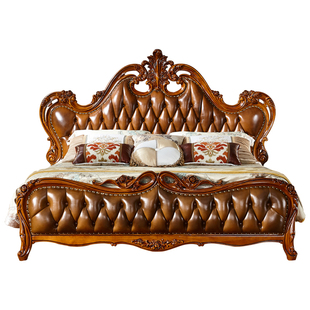 欧式床全实木美式头层真皮婚床豪华雕花1.8主卧双人公主床2.0大床
