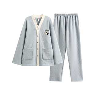 芬腾情侣睡衣空气棉夹层秋冬季纯棉长袖男士套装加厚大码家居服女