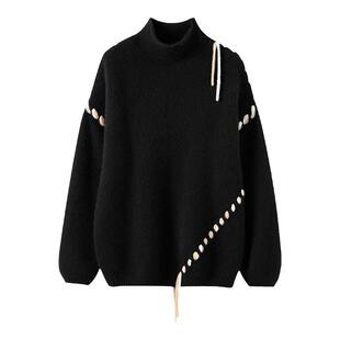 一看就是高货！彩绳半高领羊绒衫女加厚纯羊绒毛衣宽松慵懒冬上衣