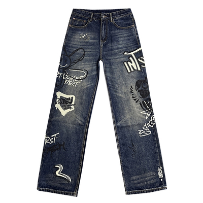 潮牌卡通涂鸦牛仔裤男复古做旧宽松直筒裤个性印花街头风痞帅长裤
