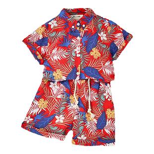 MIMY2023新款男童衬衫中大童港风儿童花衬衫套装复古海边沙滩度假