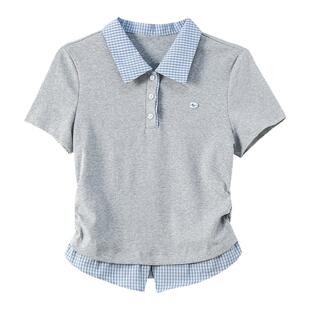 唐狮官方灰色翻领短袖t恤女夏2026新款女款修身显瘦假两件上衣VC