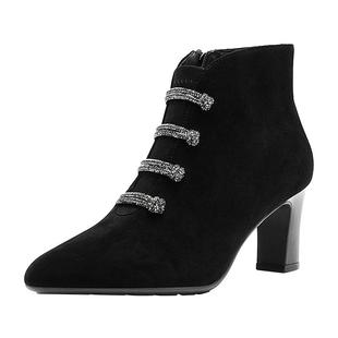 哈森粗踝靴女秋冬季单靴新款冬季尖头羊反绒时装短靴HA247918