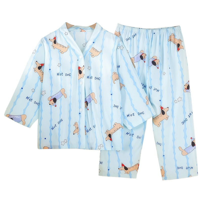 夏天中大童棉绸宽松薄款套装男孩女孩空调家居服夏季儿童绵绸睡衣
