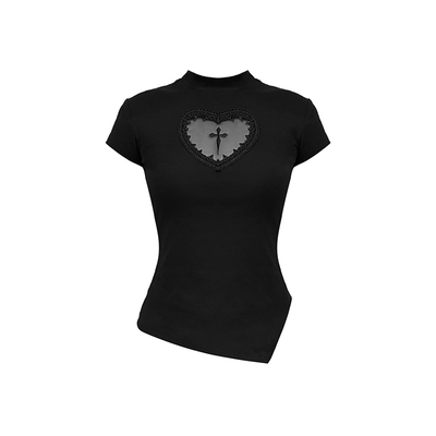 VOCK 少女的祈祷 暗黑辣妹十字架镂空收腰显瘦修身短款t恤上衣夏