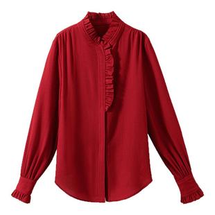 【高智通勤】精纺羊毛面料 法式木耳边宽松显瘦灯笼袖衬衫衬衣女
