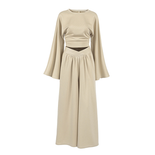 Fashion Suits欧美女士套装宽松圆领长袖上衣休闲阔腿裤时尚百搭