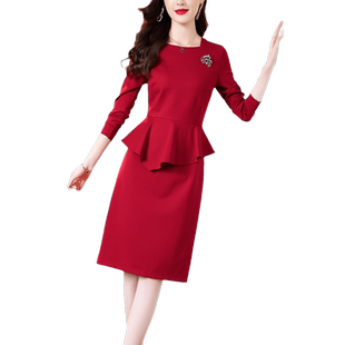 秋冬气质连衣裙2025年新款女装长袖妈妈宴会红色名媛裙子晚小礼服