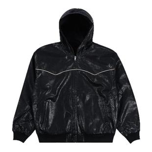 PLEASURES  3D连帽PU夹克男女同款高街字母logo刺绣亮面皲皱外套