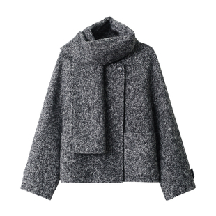 INNER ROOM复古粗呢雪花纹羊毛大衣女冬花纱灰毛呢外套含围巾