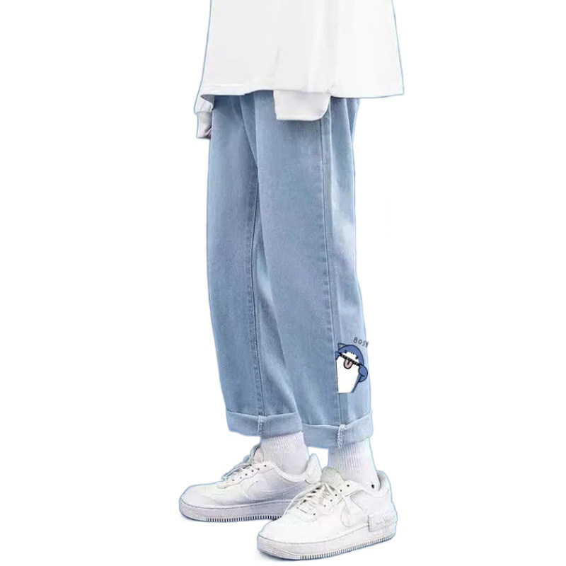 2024春夏季系绳阔腿牛仔裤男生韩版潮流宽松直筒学生百搭休闲老爹